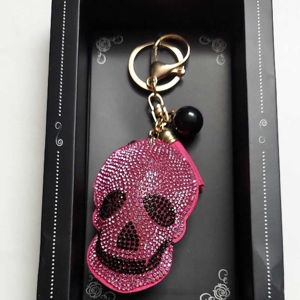 Rhinestone Pendant Tassel Key Ring for Purse Handbag Car Decor Skull Black - Picture 4 of 9